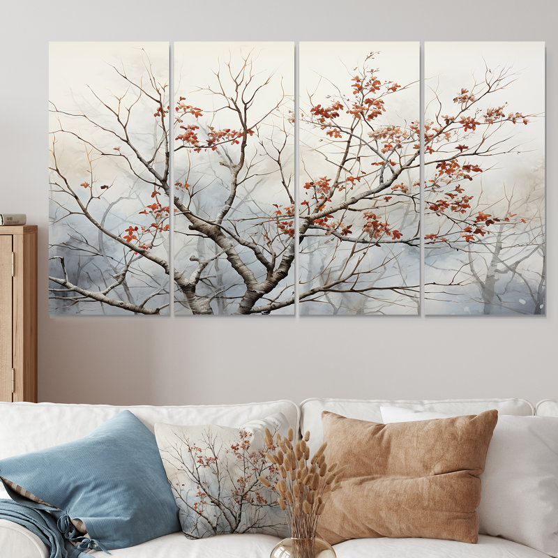 «Brown Floral Sprintime Tree Birds», art mural 4 pièces pour salon, H 28 po x l 48 po
