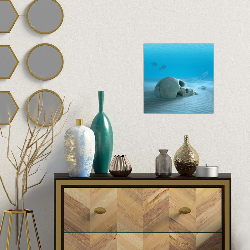 Skull On Sandy Ocean Bottom With Small Fish Cleaning Some Bones - Wrapped Canvas Print, 93.98 cm H x 93.98 cm W x 3.175 cm D