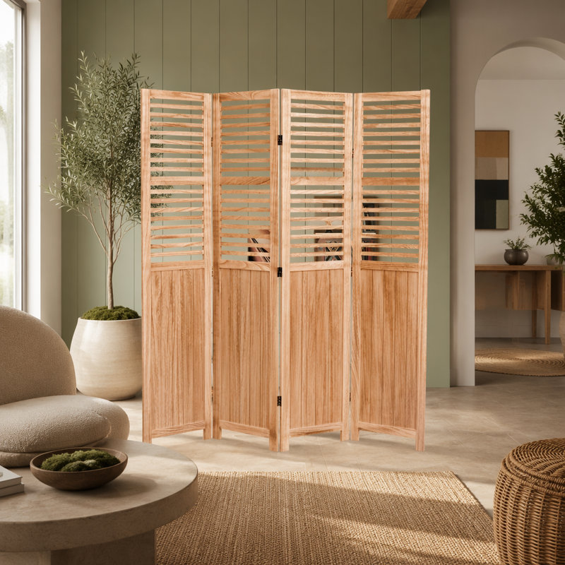 Paravent en bois massif naturel à 4 panneaux pour une décoration intérieure et une intimité polyvalentes, l 55,2 po x H 65 po