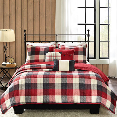 Courtepointe 6 pièces, motif chevrons rouge, très grand / très grand, motif à carreaux Buffalo, broderie faite à la main, motif à chevrons à motif de chevrons pour très grand lit, tissu, courtepointe incluse, 2 taies décoratives et 3 coussins dé