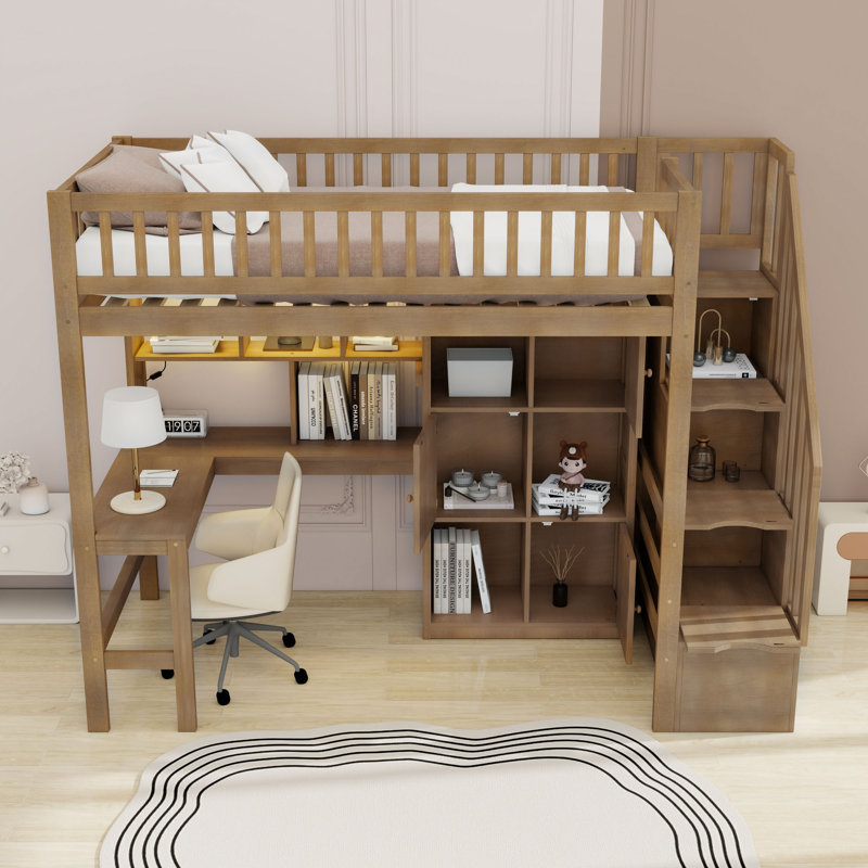 Lit mezzanine simple en bois avec tablettes, bureau, lumières DEL et escalier de rangement, Noyer