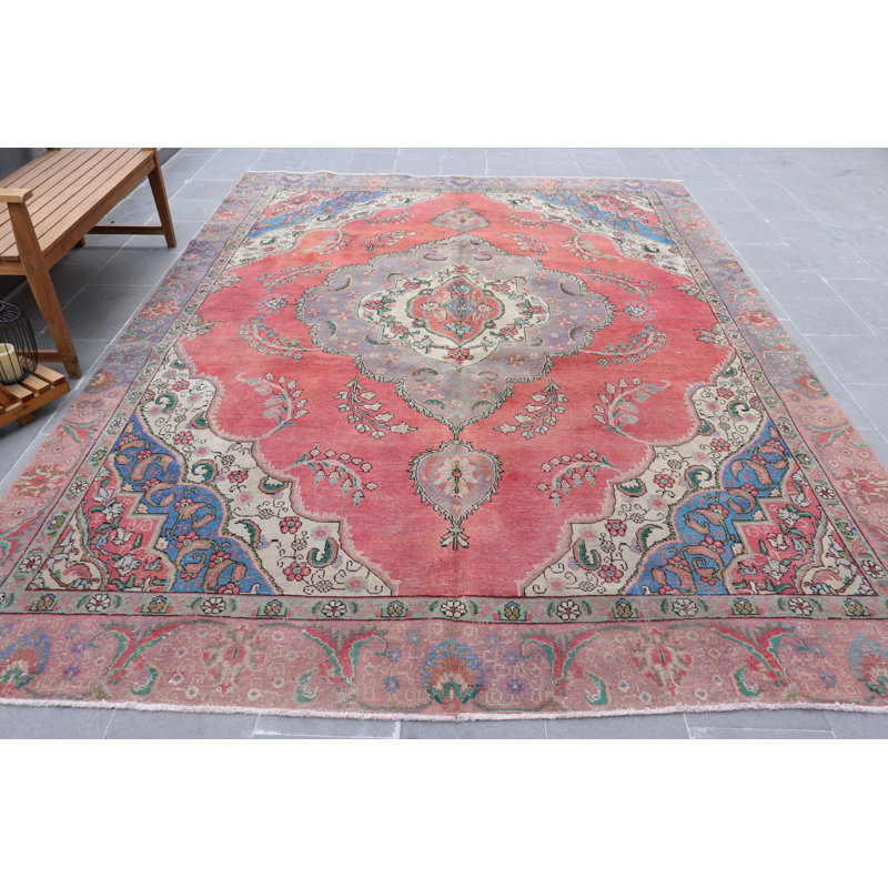 Tapis Oushak marocain rétro fait à la main en rouge éclatant surdimensionné turc