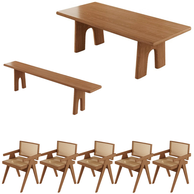 Ancient Chinese style Solid wood dining table set, 29.5"H x 94.4"L x 35.4"W, 7 Pieces: Table, Bench, 5 Chairs