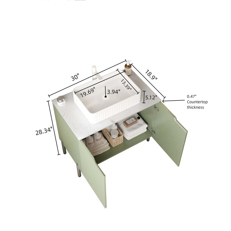 Meuble-lavabo autoportant de 30 po avec 2 portes, lavabo en céramique et comptoir Carrara, Vert
