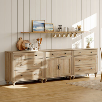 Sideboard Buffet Cabinets With 2 Wood Doors And 8 Drawers, Farmhouse Sideboard Credenza For Dining Room, Modern Large Storage Cabinet For Living Room, Oak, 102 Inch