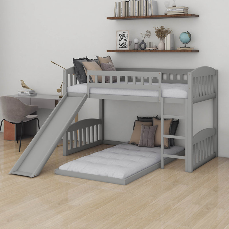Lit simple superposé simple avec glissière et échelle, lit superposé bas pour enfants, filles, garçons, lit superposé au sol