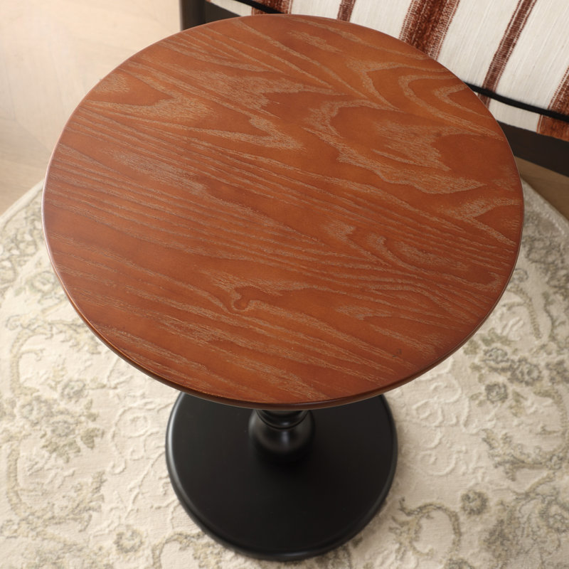 Solid Wood Round End Table,Side Table,Night Stand, Brown Wood, Black