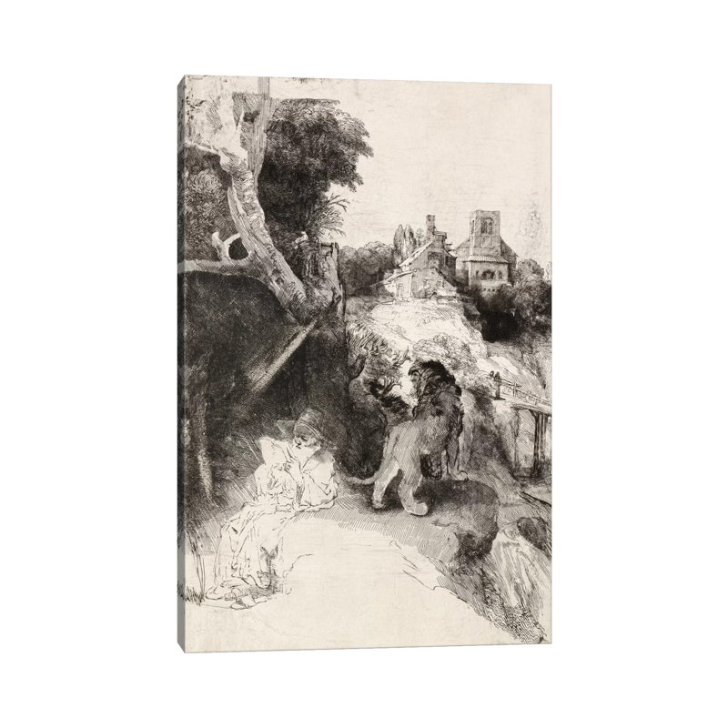 Saint Jerome Reading In An Italian Landscape by Rembrandt Van Rijn - Wrapped Canvas Painting