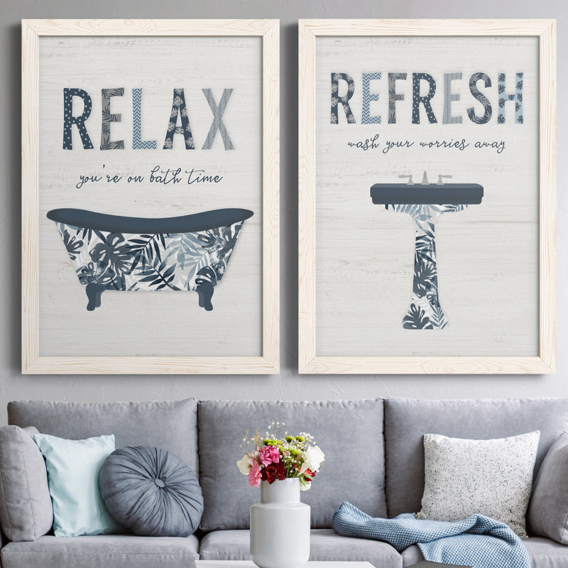 Palm Bath I - Ensemble de 2 encadrements d'art textuel sur toile, H 31,5 po x l 47 po x P 1,5 po, Toile blanche encadrée