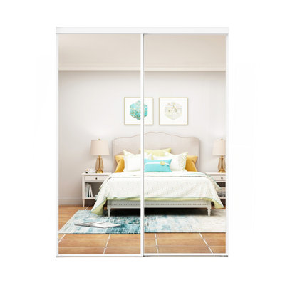 60 po X 80 po Porte coulissante à miroir avec cadre blanc en acier et garniture blanche