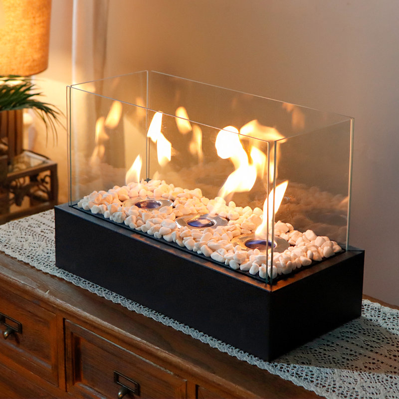 Black Stainless Steel and Glass Tabletop Fire Pit