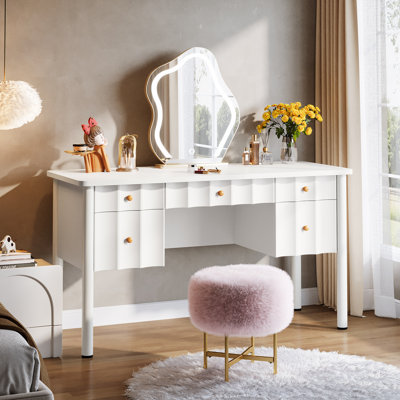 Ensemble De Coiffeuse Avec Miroir Et Lumières LED Tricolores, Table De Maquillage Avec Tabouret Rembourré, Station De Charge, Avec Tiroirs | Leroy Merlin