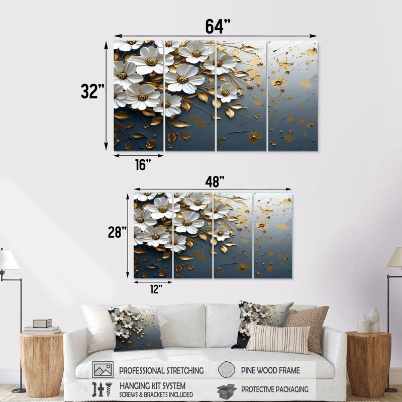 «White Gold Cornflowers Meadow Charm III», ensemble d'art mural sur toile, H 28 po x l 48 po