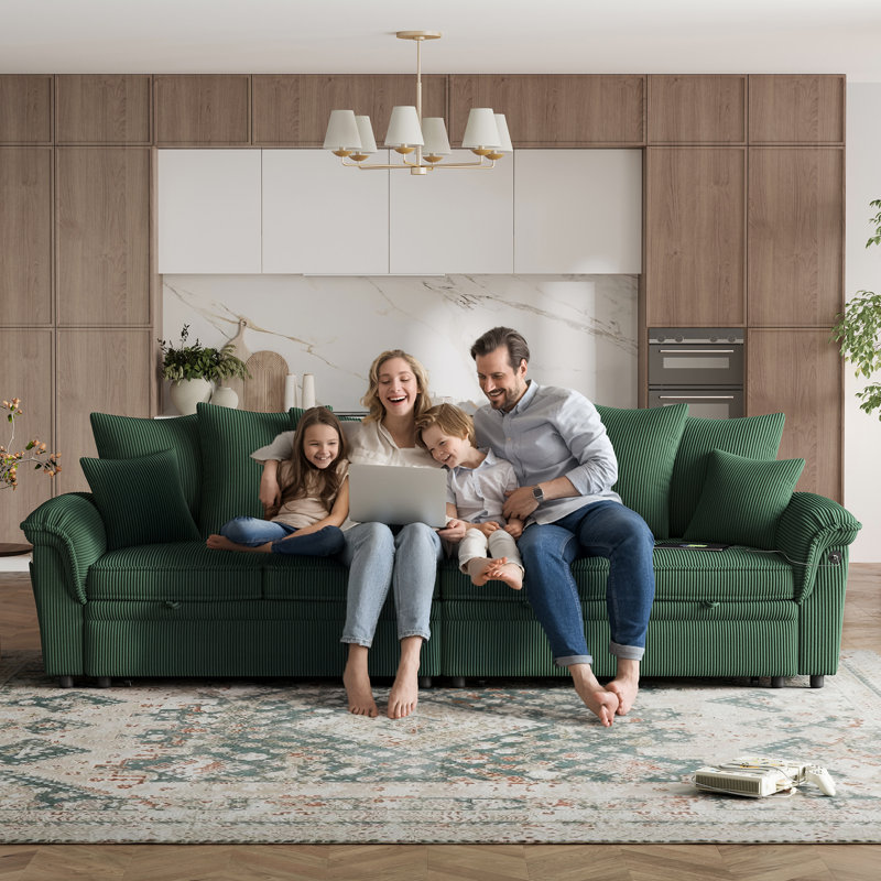  Felipe 110‘‘ Upholstered Modular Pull-out Sofa Bed with USB Charging & Side Pockets, Elio Green, 37.5'' H X 110'' W X 56'' D