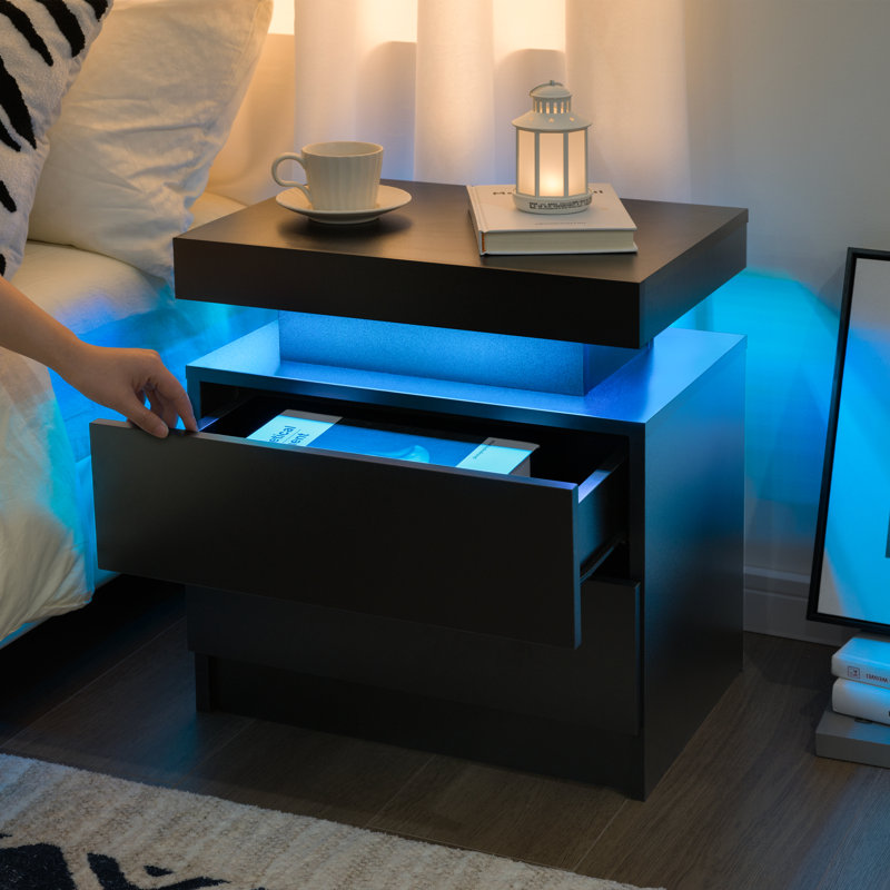LED Nightstand with Drawers, Black