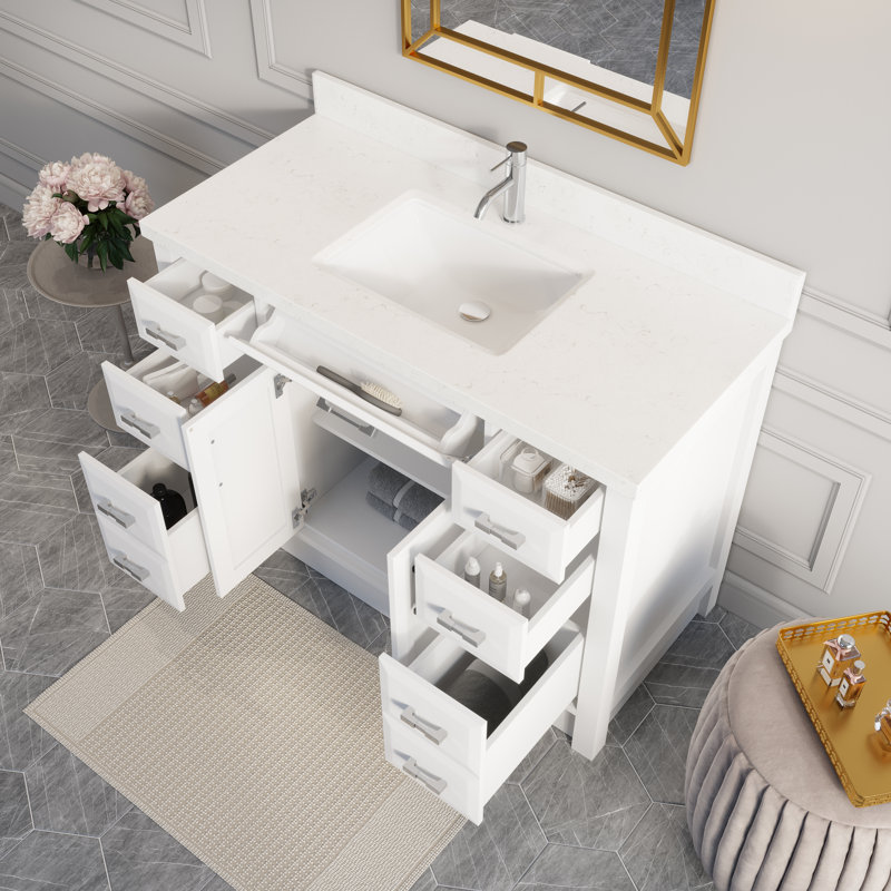 Capri Solid Wood 48" W x 22" D Single Sink Bathroom Vanity with Engineered Stone Top, Drawer Organizer, Undermount Ceramic Sink, Pre-Assembled (White) 