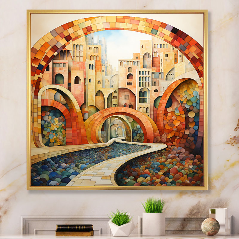 Orange Bridge Dynamic Archway Pointillism I, H 36 po x l 36 po x P 1,5 po, Cadre doré simple