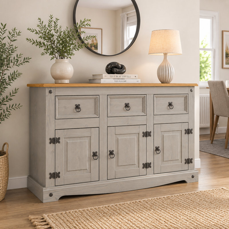 Corona Sideboard Grey 3 Door 3 Drawer Solid Wood Pine Cupboard
