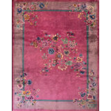 Chinese Art Deco Room Size Rectangle Antique 1920s Wool Knotted Coral Rug
