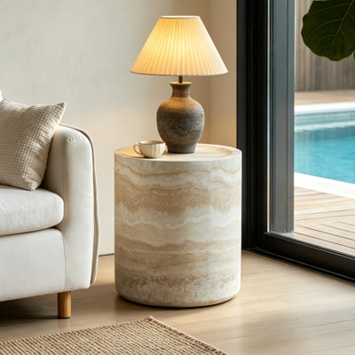 Table d'appoint moderne en faux marbre, table de bout ronde en résine avec finition texturée en pierre, table d'appoint imperméable pour le salon et la chambre à coucher