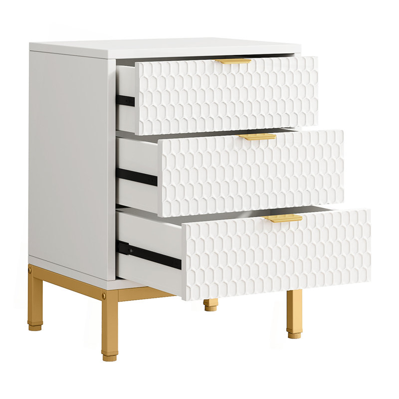 Table de chevet moderne de 19,7 pouces à 3 tiroirs blanche et dorée, table de chevet haute de 25,8 po avec rangement, table d'appoint à motif hexagonal pour chambre à coucher ou salon, table de bout élégante avec base en métal
