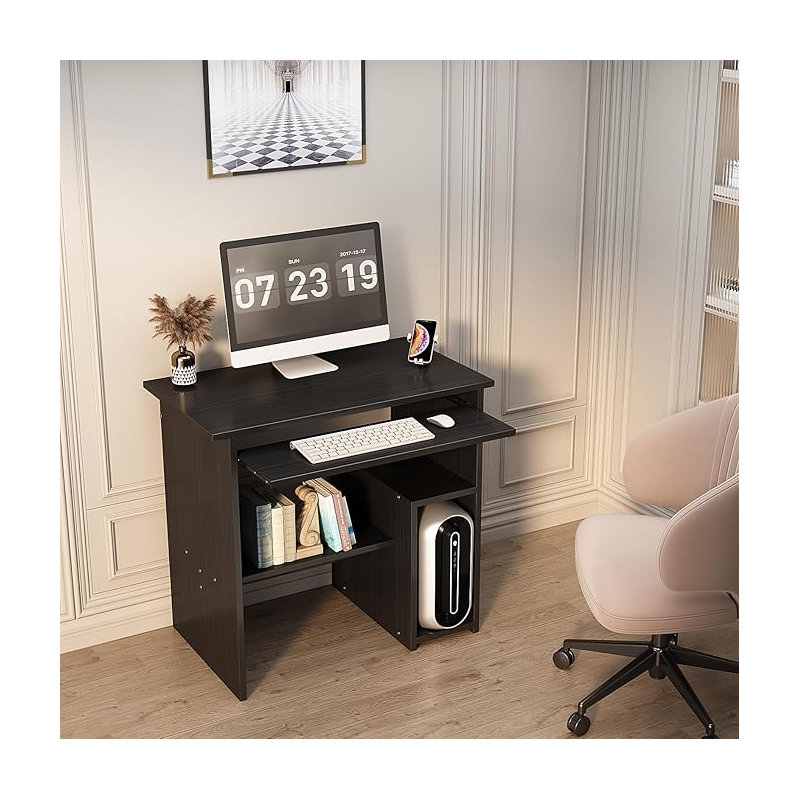 Laptop Study Table Office Desk with Storage Drawer Shelves Keyboard Tray,Black, Black