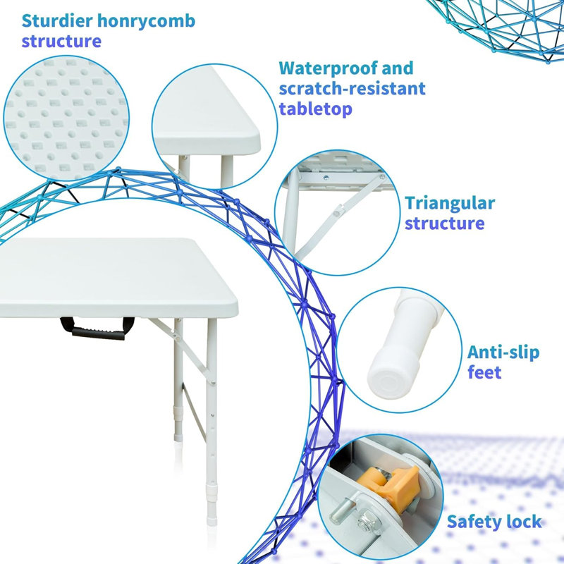 Table pliante de 4 pi avec hauteur réglable, table en plastique portable avec poignée, robuste pour le pique-nique intérieur et extérieur