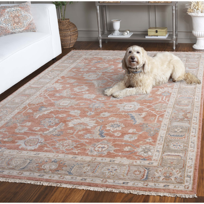 Rectangle Oriental Hand-Knotted Wool/Cotton Area Rug in Beige/Orange, Rectangle 6" x 9"
