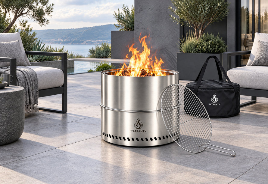 Foyer extérieur cylindrique en acier inoxydable avec des flammes vives, installé sur une terrasse en pierre devant un canapé de jardin gris.