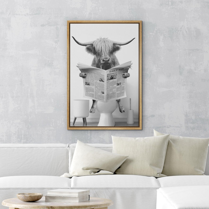 Impression sur toile encadrée, animaux, drôle, salle de bain, vache Highland, Impression encadrée, H 24 po x l 16 po, Naturel