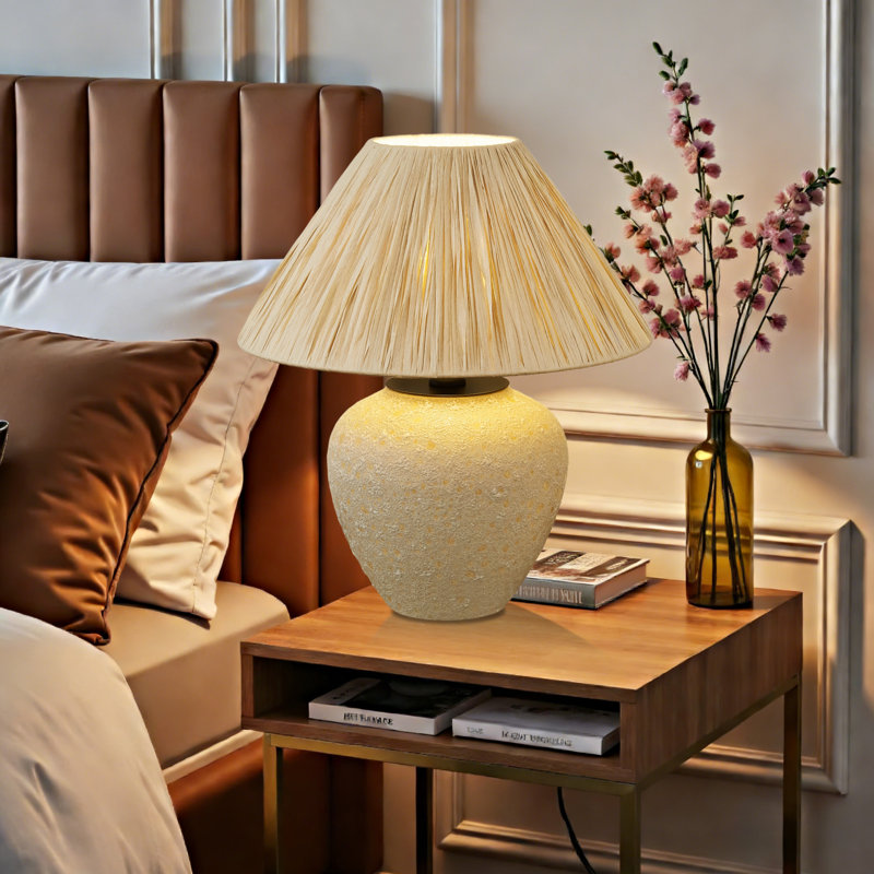Lampe de table rétro en céramique beige avec abat-jour en raphia en papier 12,99 pouces, à brancher