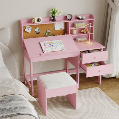 Kids Wooden Desk and Chair Set with Adjustable Tilt Desktop, Drawers and Cork Board, Children’s Study Table for Boys and Girls Ages 3–8
