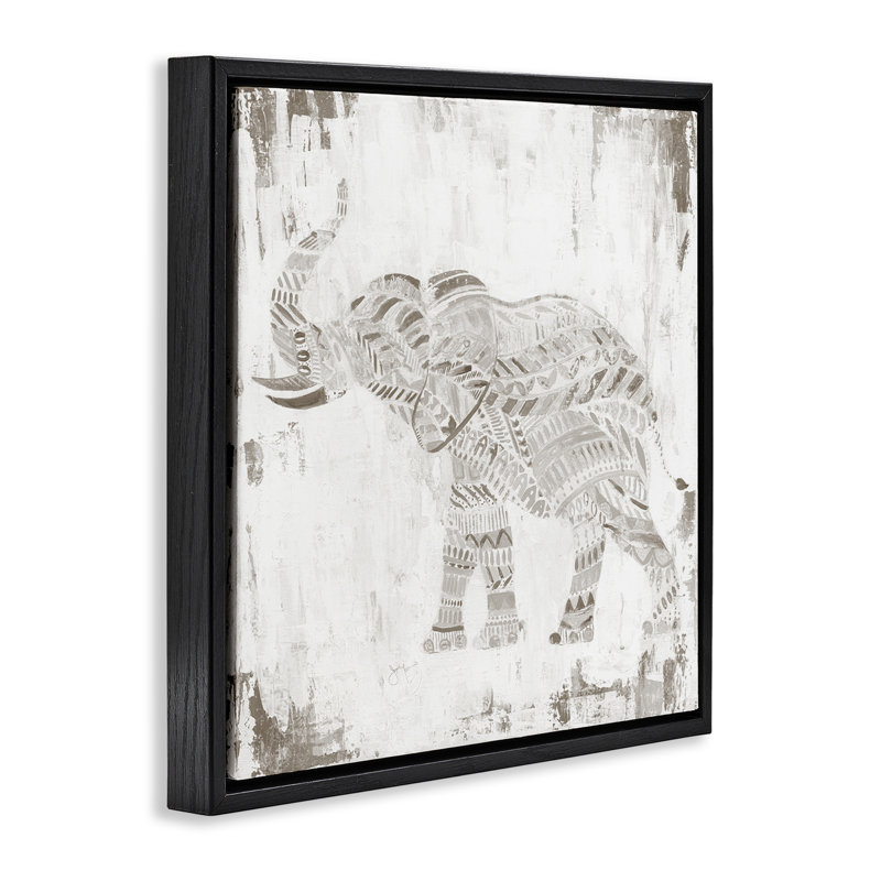 «Boho Stripes Elephant», art par Janet Tava, Cadre flottant noir de jais, H 18 po x l 18 po