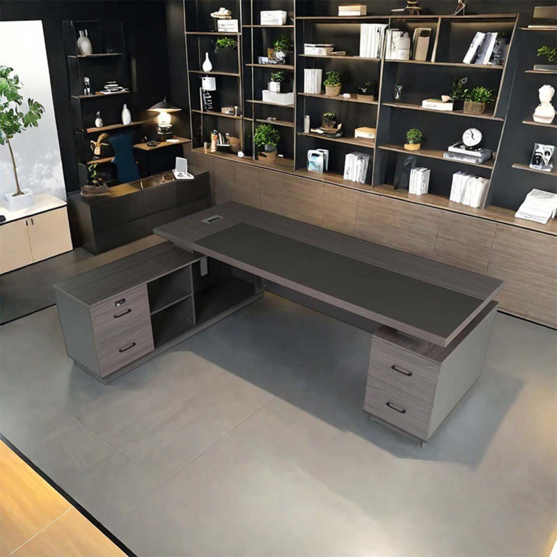 Deluxe gray two-cabinet modern desk, 29.5" H x 86.62" W x 31.5" D