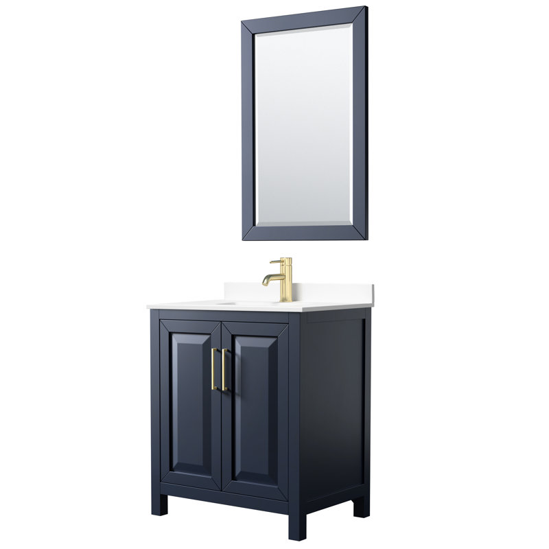 Daria 30'' Single Bathroom Vanity with Marble Top with Mirror, White Cultured Marble, Dark Blue, Brushed Gold