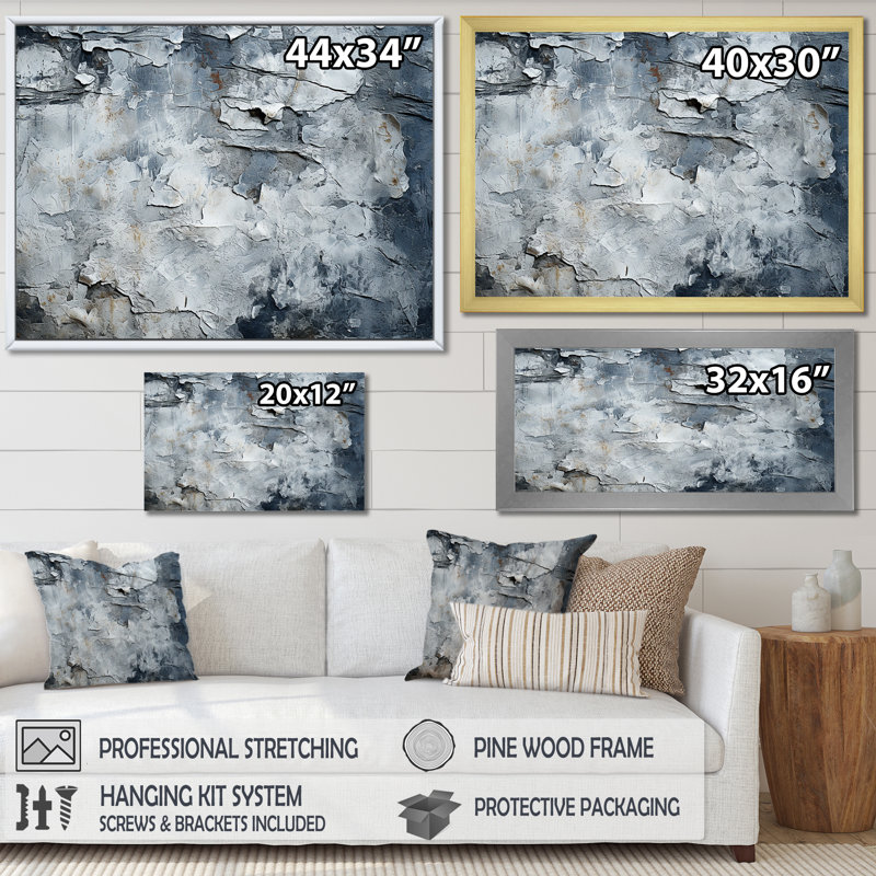 «Abstract Lunar Surface I» - art mural tachisme, Cadre d'angle fermé noir, H 24 po x l 32 po x P 1 po