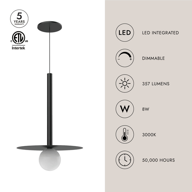 1 - Light LED Pendant, Black, Black