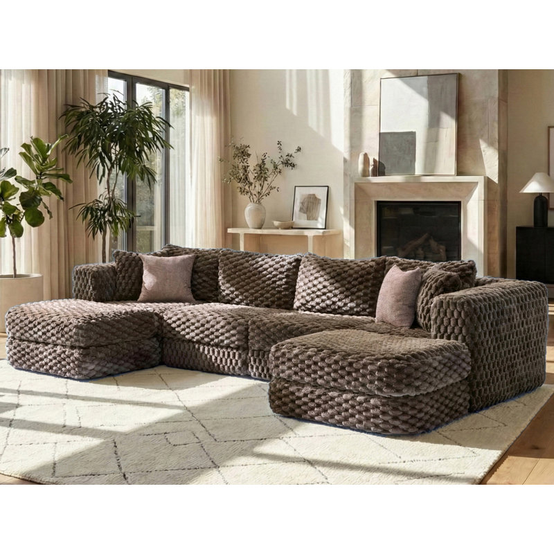 135'' Upholstered Boneless U-Shape Sectional With Ottomans, No Assembly Required, Brown Polyester
