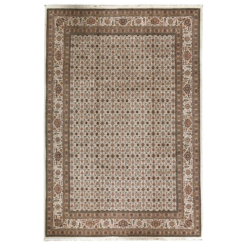 Tapis ivoire / brun / vert noué à la main de haute qualité
