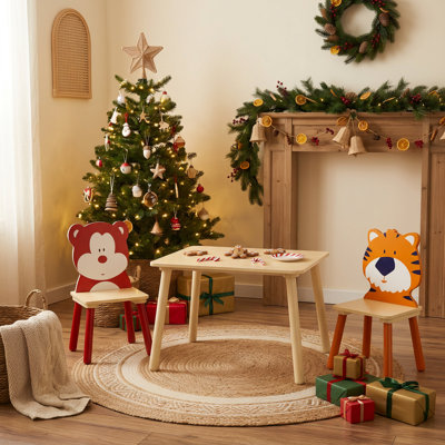 Kids Table and 2 Chairs Set, Toddler Activity Table with Bear & Tiger Animal Pattern Chairs, Wooden Play Table for Drawing, Reading, Snack Time for Playroom & Nursery