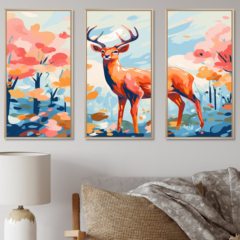 Art floral mural, cerf et rose II, Cadre flottant brun, H 28 po x l 36 po