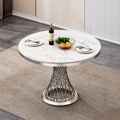 Table ronde de 47 po pour la conférence et le bureau, avec base en acier inoxydable poli miroir 8k à effet marbré, argent et blanc, diamètre de salle à manger de 45,68 pouces
