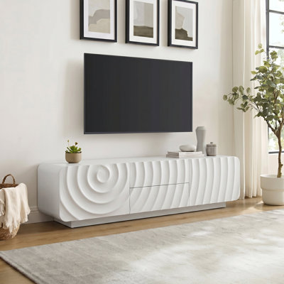 Meuble télé 58,3 po pour téléviseur de 60 po ou moins, console multimédia à motif de vagues moderne avec 2 tiroirs et 2 armoires, centre de divertissement en bois pour le salon