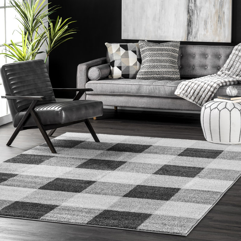 Vasag Plaid Power Loom Performance Black/ Gray/ White Rug, Rectangle 10' x 14'