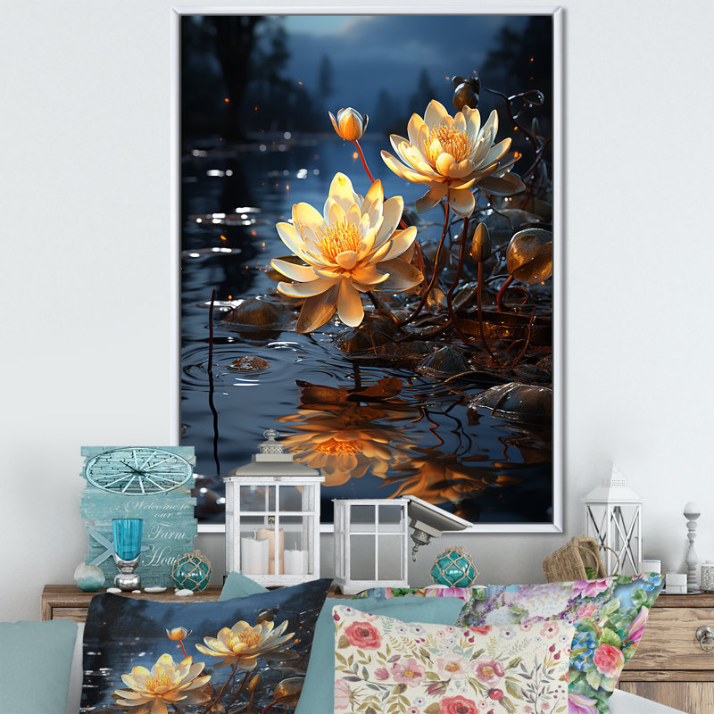 «Moonlit Flower Serenity Blooms IV - Rose», art mural, Cadre flottant blanc, H 44 po x l 34 po