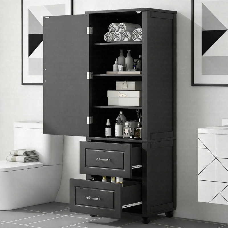 Tall Bathroom Storage Cabinet With Two Drawers And Adjustable Shelf, Freestanding MDF Board Design For Enhanced Organization