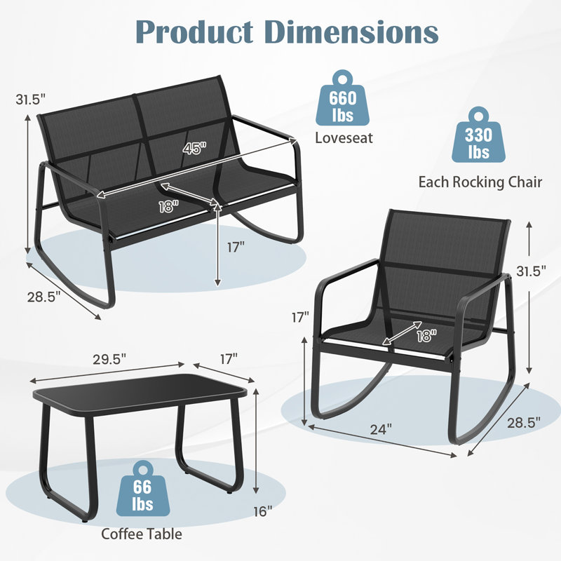 Ebern Designs 8 Pcs Patio Rocking Rocking Chairs & Loveseat With Glass-top Table Outdoor