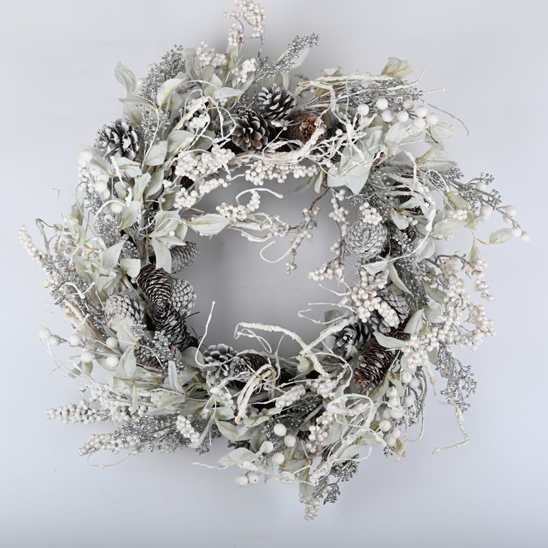 Couronne de Noël 24 po Faux Berry Pinecone Winter pour porte d'entrée