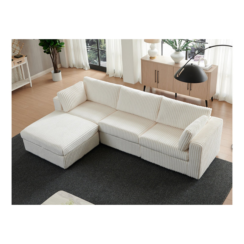 Canapé modulaire de 113 po avec repose-pieds, canapé convertible en forme de L, tissu en velours côtelé, coussins moelleux en nuage, ensemble de canapé durable pour le salon