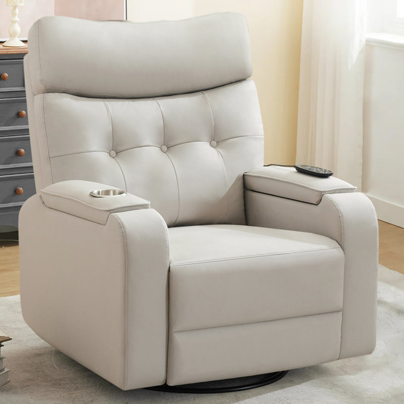 Oversized Modern Faux Leather Power Recliner with Swivel and Rocker, Massage and Heat, Double Storage Arm, Cup Holder,Timing and Type-C Port